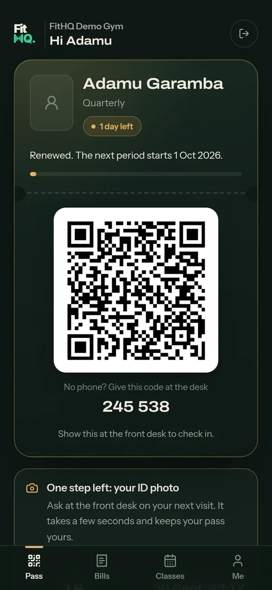 FitHQ member pass on a phone