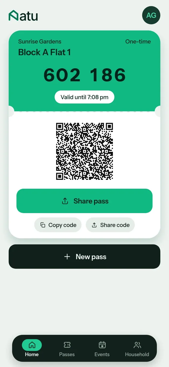 Natu visitor pass with its code and QR code