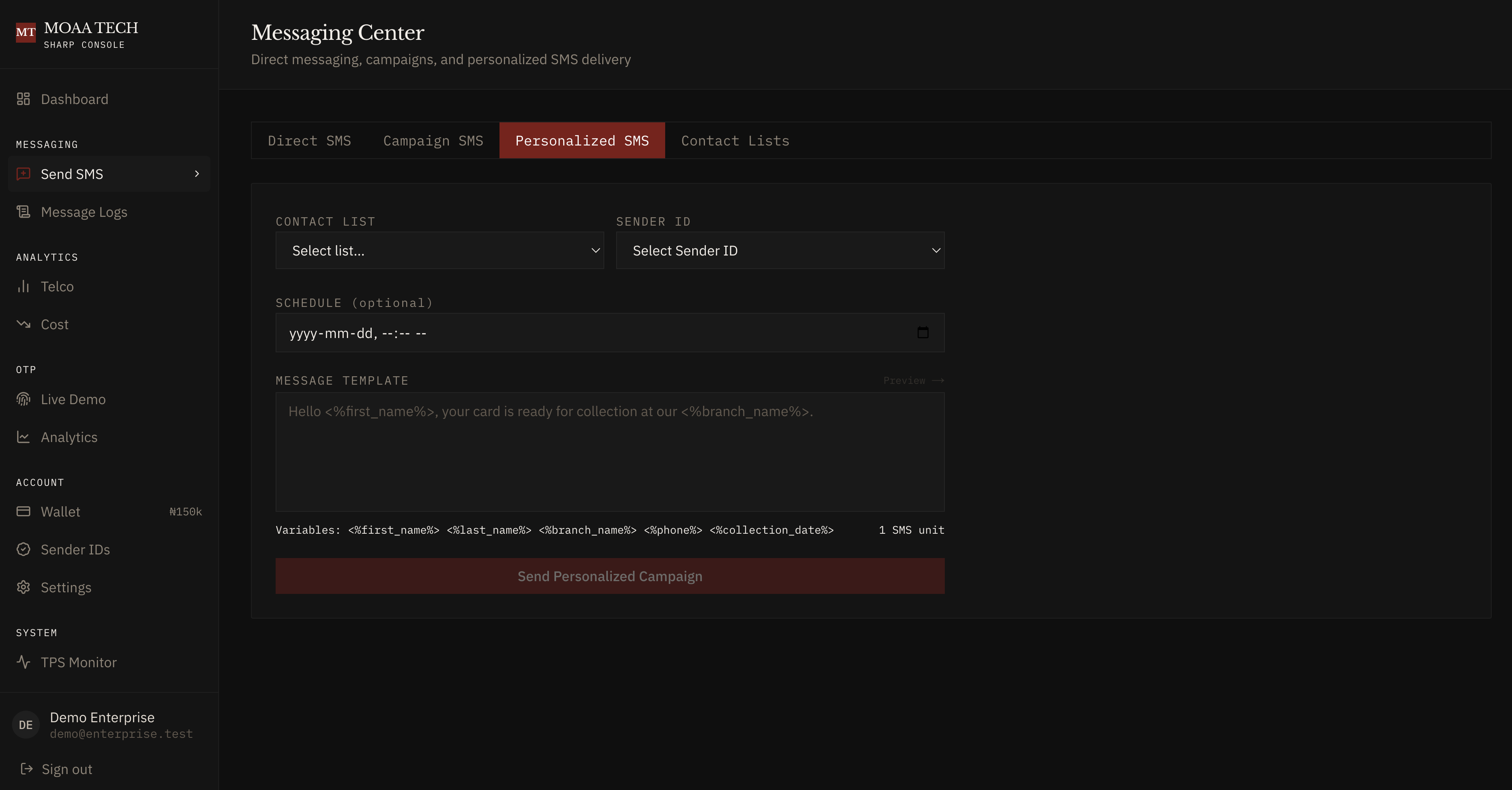 Sharp Console — Send SMS