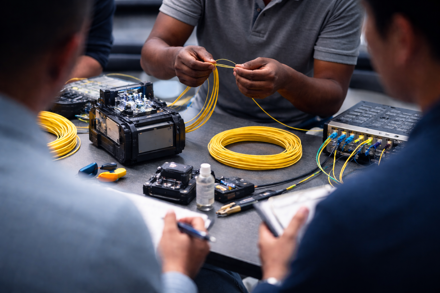 Instructor demonstrating fiber optic cable installation tools during telecom training session