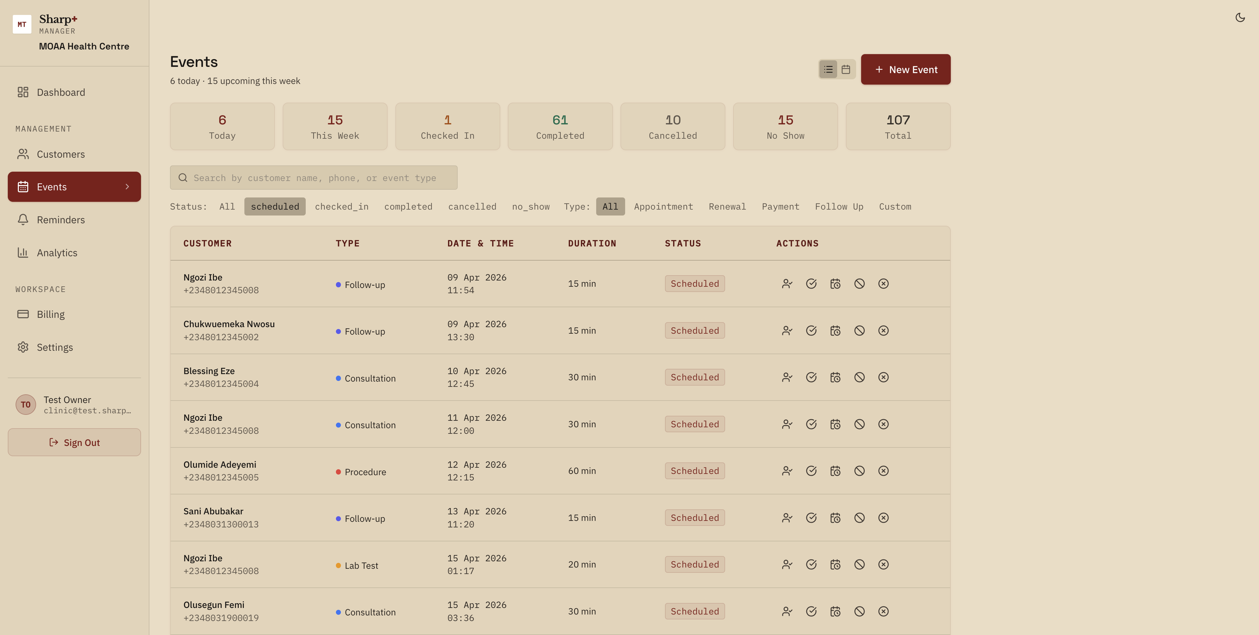 Events with status tracking and actions